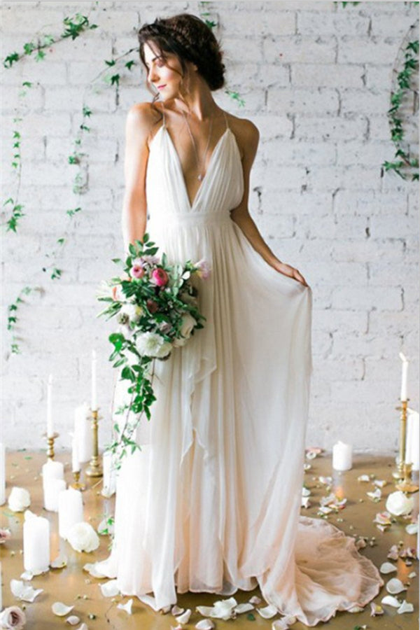 Flowy Long Ivory Chiffon Spaghetti Straps Elegant Wedding Dress