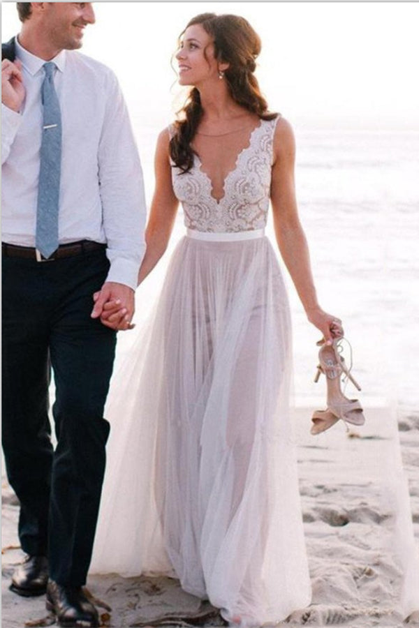 Elegant Simple Cheap Lace Tulle Long Zipper Back Beach Wedding