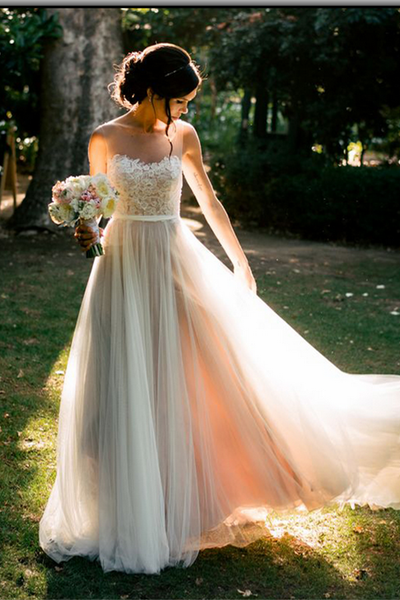 Simple Elegant Lace Tulle Long A line Beach Wedding 