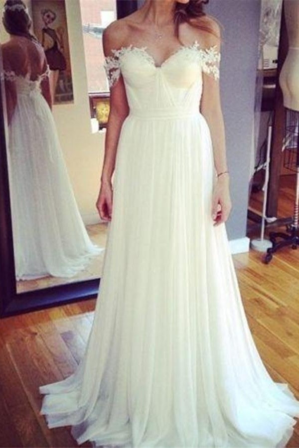 Ivory Flowy Off The Shoulder A-line Lace Chiffon Long Wedding Dresses ...