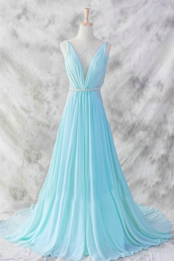 Simple Elegant Flowy V-neck Open Back Chiffon Prom Dress For Teens ...