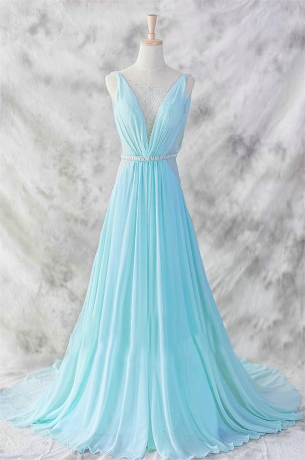 Flowy Chiffon Elegant V Neck Open Back Simple Lovely Prom Dress Z0294 Bohogown 0875