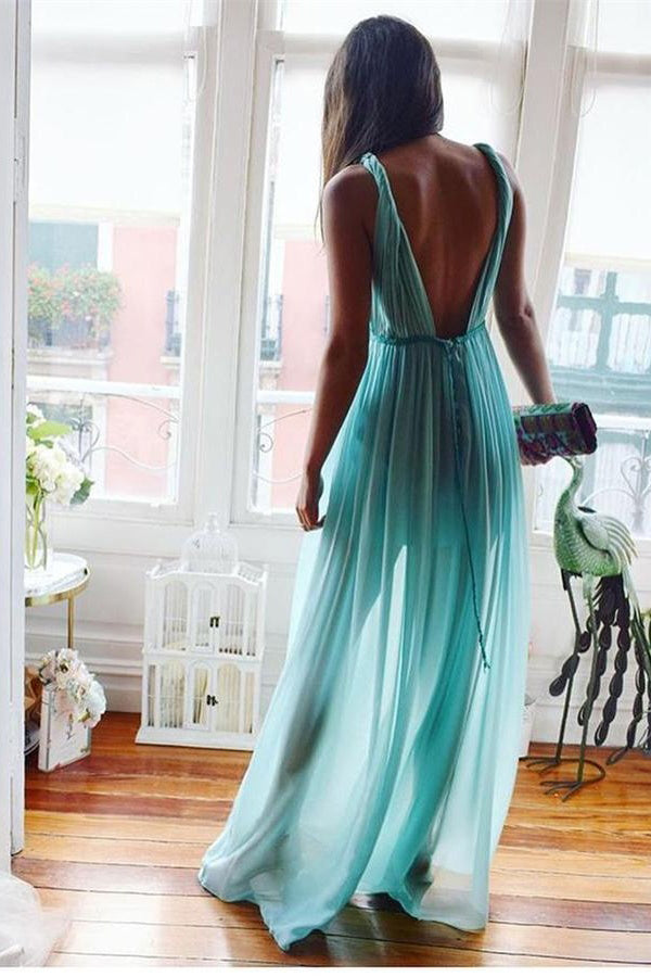 Flowy Blue Chiffon V-neck Simple Cheap Long A-line Backless Prom Dress ...
