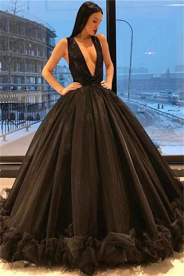 Ball Gown Long Black Deep V-neck Modest Princess Prom Dresses Z0422 ...