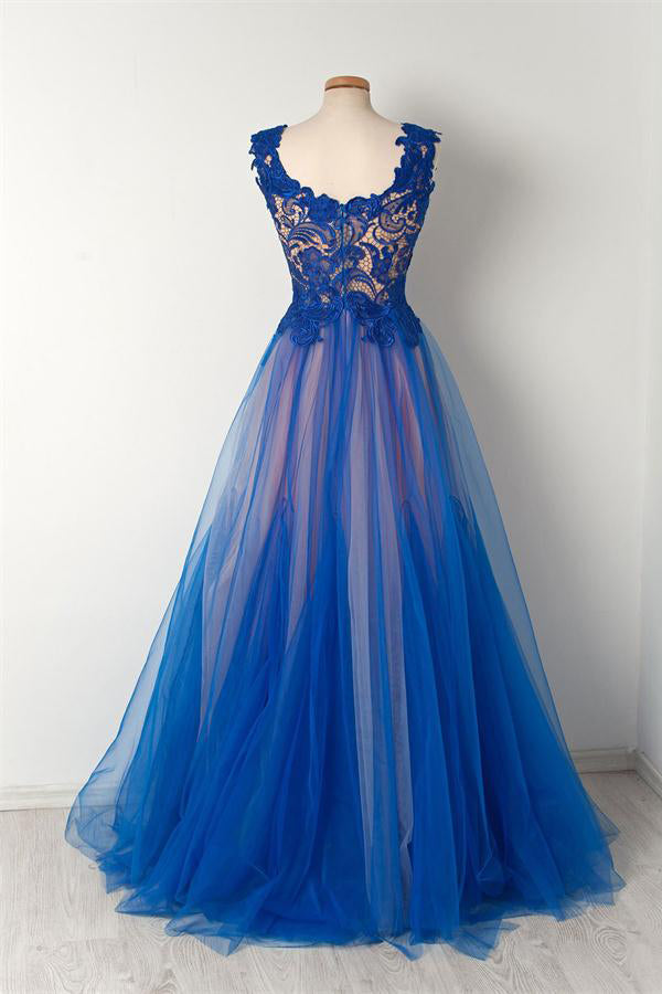 Elegant Blue Vintage Sleeveless Long Tulle Lace Prom Dresses Party Dre ...