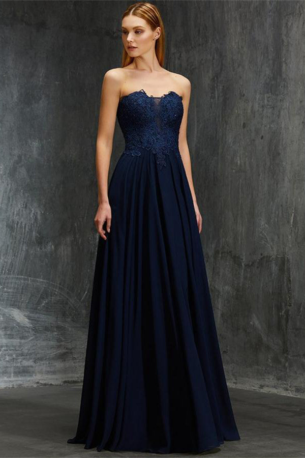 Charming Elegant Navy Blue Long Sweetheart Lace Chiffon Prom Dress ...