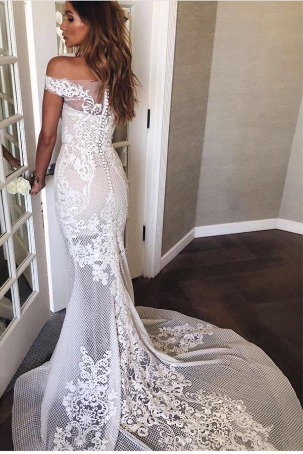 Elegant Off The Shoulder Long Mermaid Lace Beautiful Wedding Dresses