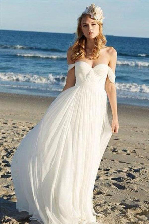 Flowy Off The Shoulder Lace Up Long Ivory Chiffon Beach Wedding