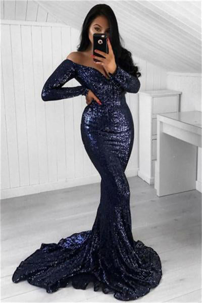 Sparkly Mermaid Long Off The Shoulder Prom Dresses With Sleeves – Bohogown
