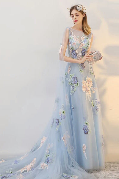 light blue flowy prom dress