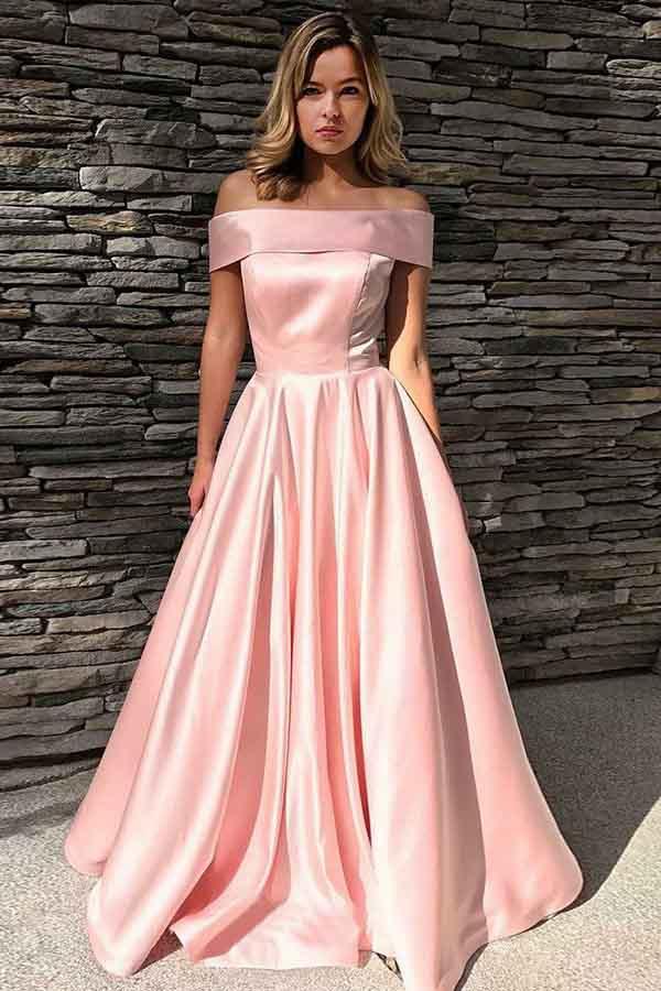 Simple Boat Neckline Long Aline Pink Satin Prom Dre