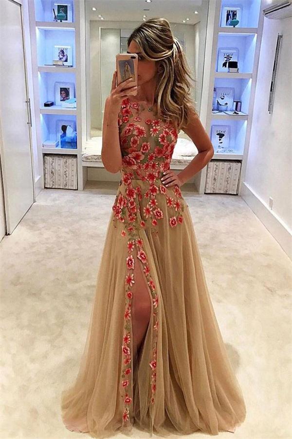 Beautiful Long Front Split Lace Appliques Prom Dress – Bohogown