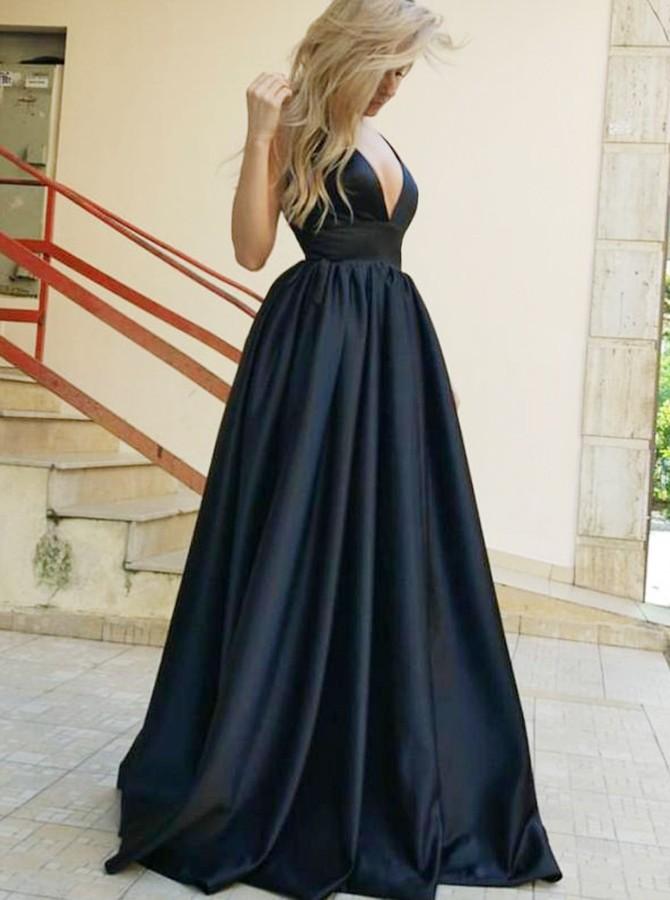 Simple Black A-line V-neck Long Prom Dress – Bohogown