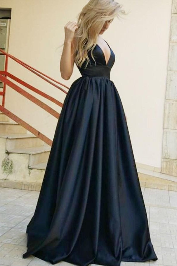 Simple Black A-line V-neck Long Prom Dress – Bohogown