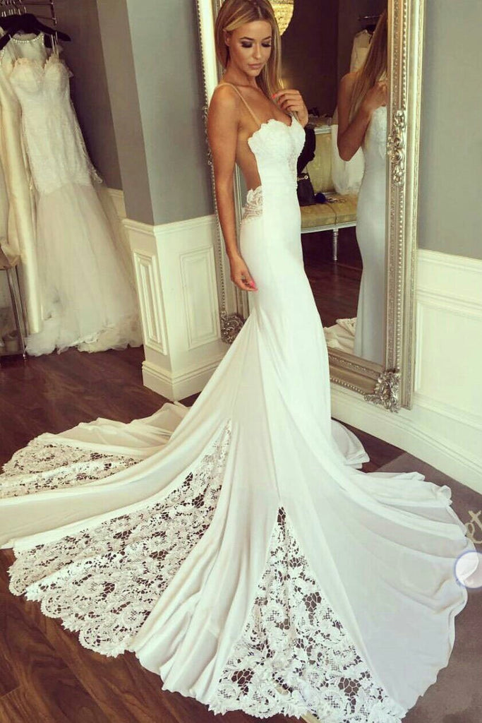 Mermaid Sexy Sheer Neck Wedding Dress With Lace Unique Ivory Bridal Dr ...