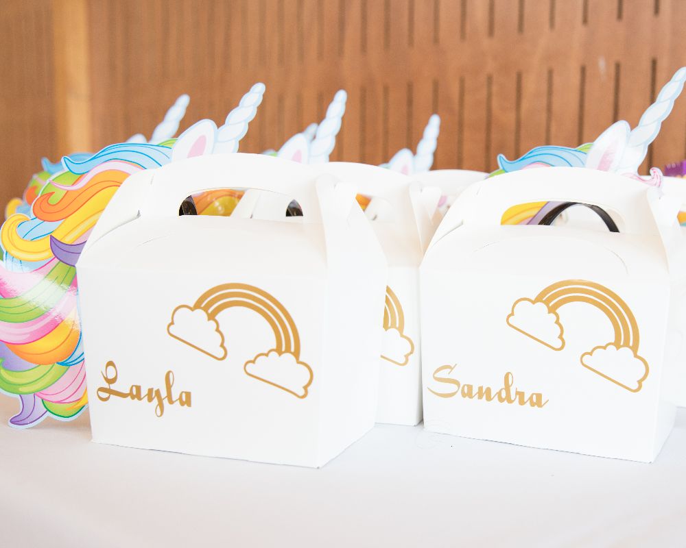 Unicorn gifts for each guest with personalised names