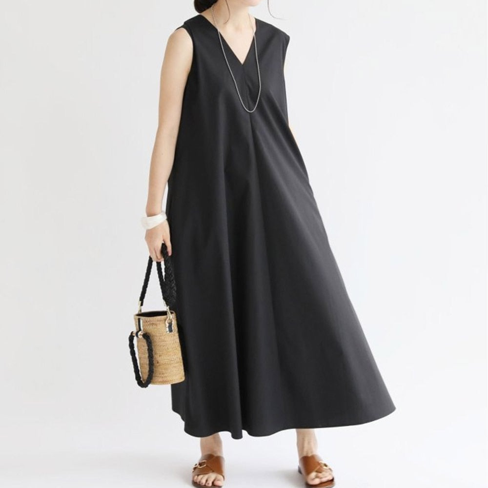 Black Loose Casual Dress Japanese-Style Simple Long-Sleeved Hedging Te ...