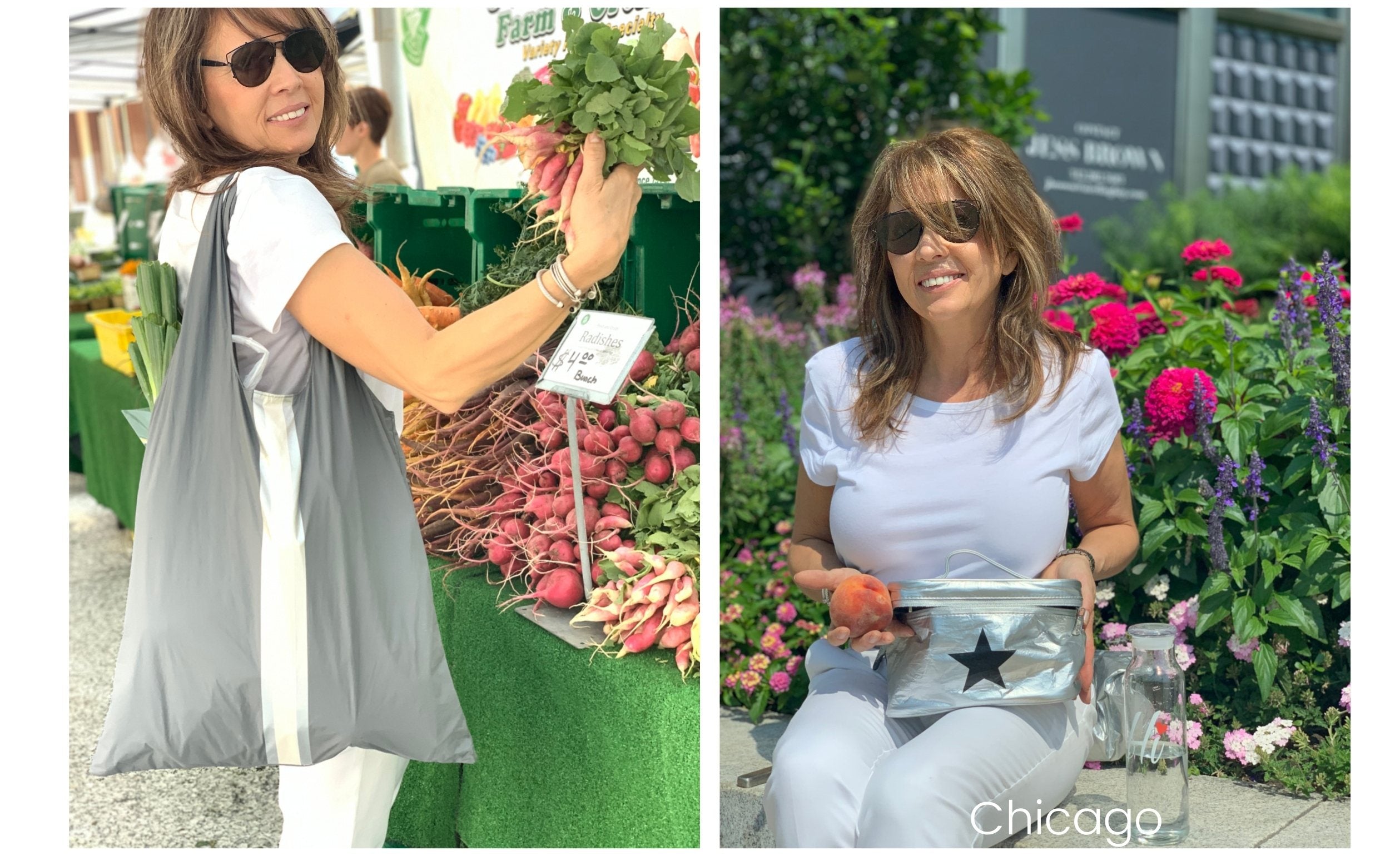 Woman with a gray carryall tote at a farmer's market and silver lunchbox