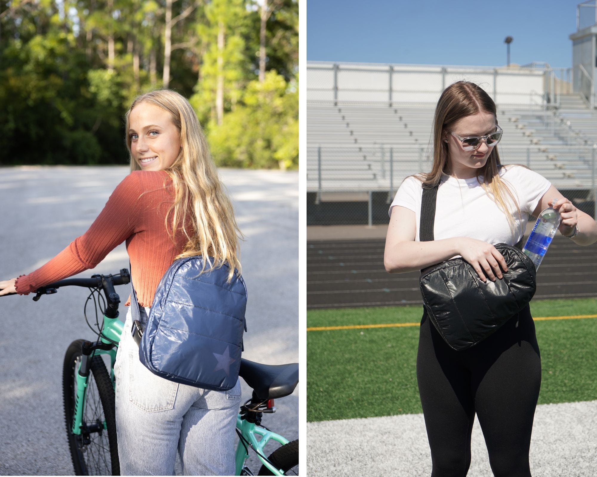 Two young women wearing crossbody backpacks at school