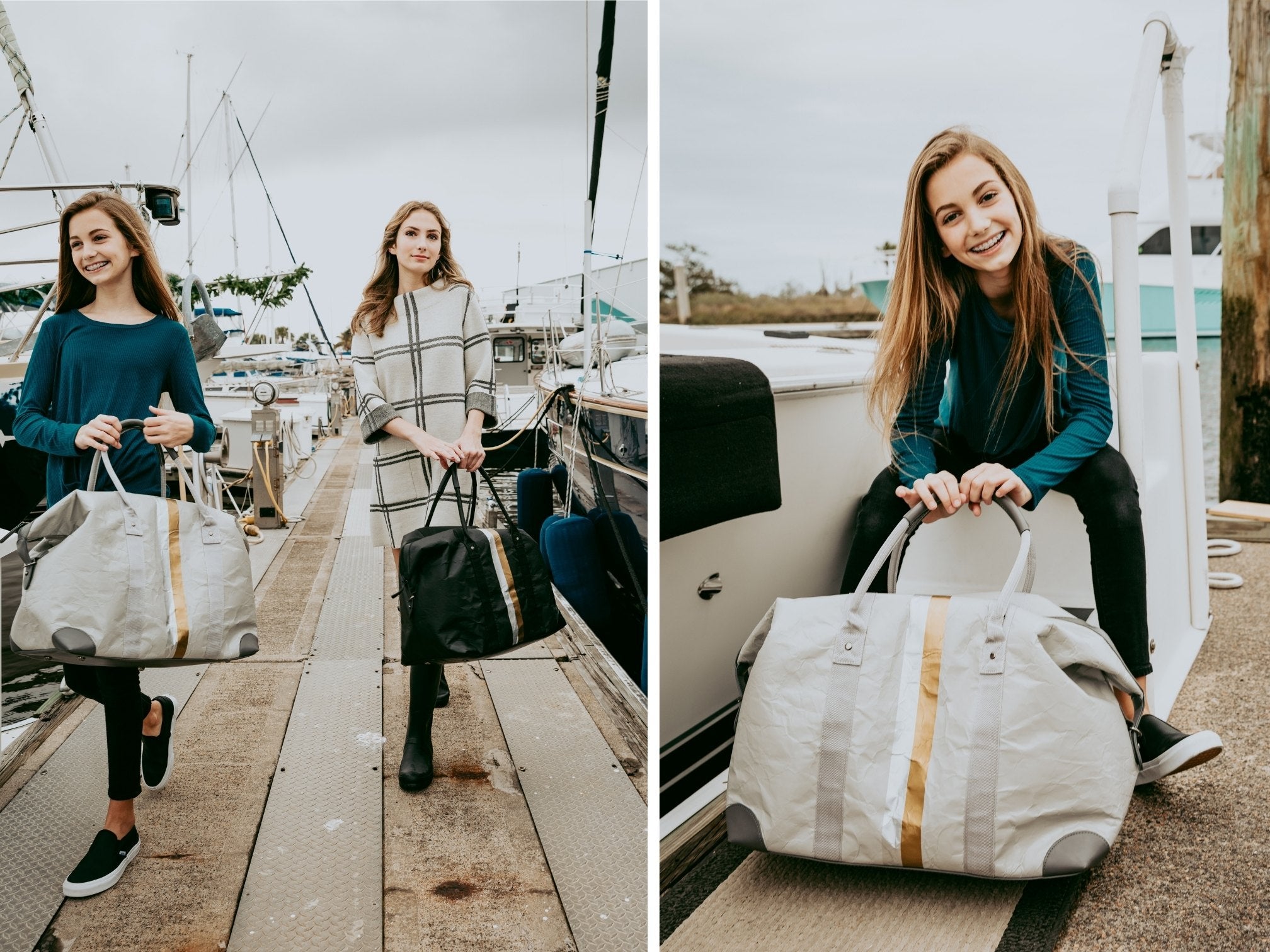 Two girls on a boat dock holding a gray and black weekender bag