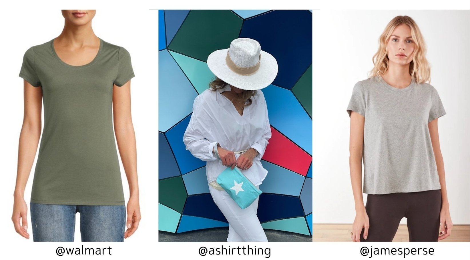 Collage with a green Walmart tee, a white A Shirt Thing blouse and a gray James Perse tee