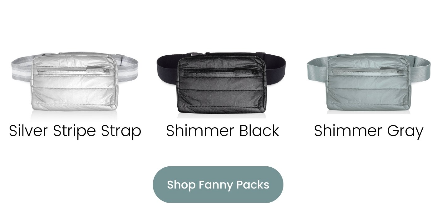 Three puffer fanny packs in silver, shimmer black, and shimmer gray