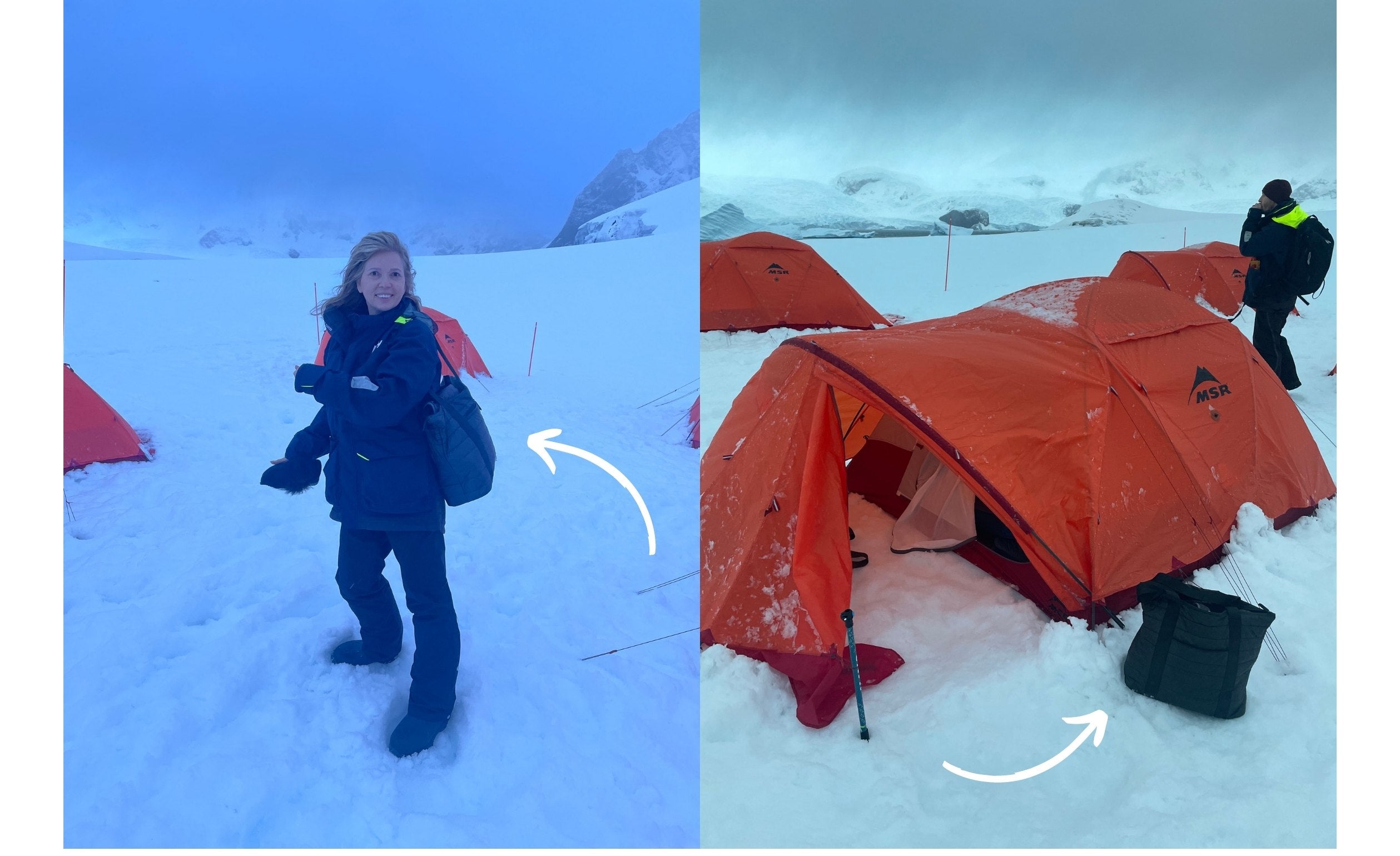 Woman camping in Antarctica in red tent with puffer tote