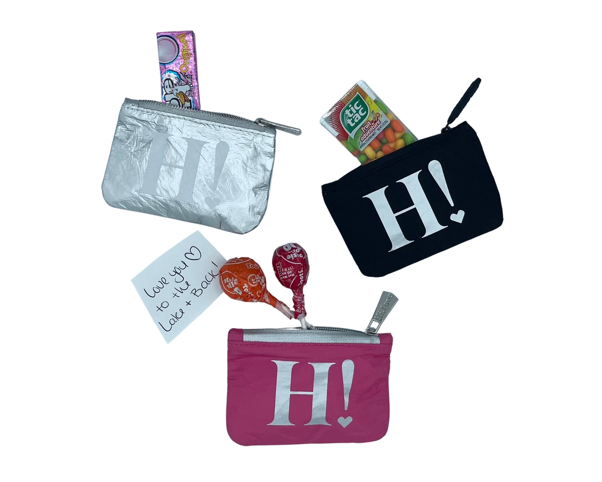 Multi colored gift card holder zipper packs with candy