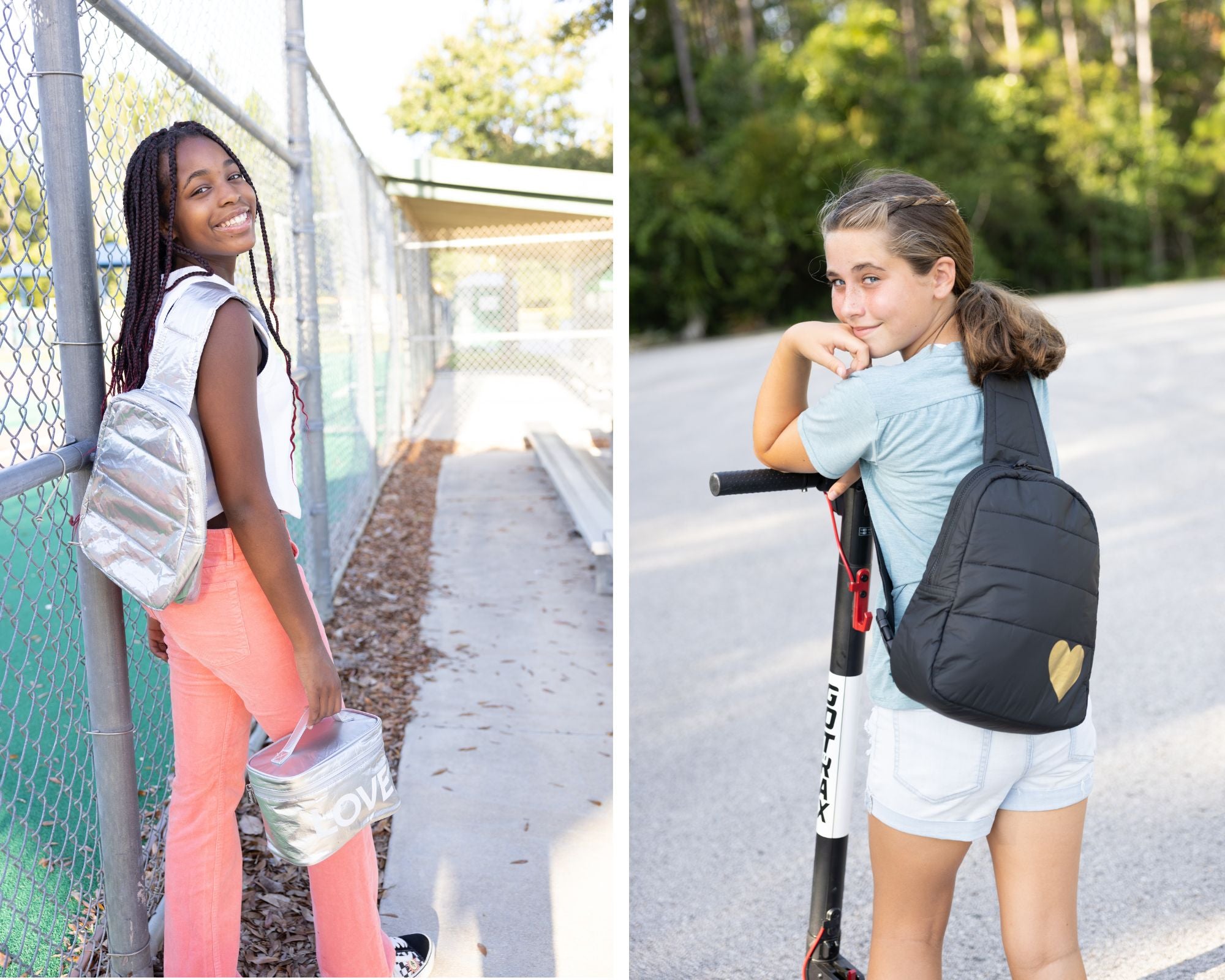 Children wearing crossbody backpacks at school