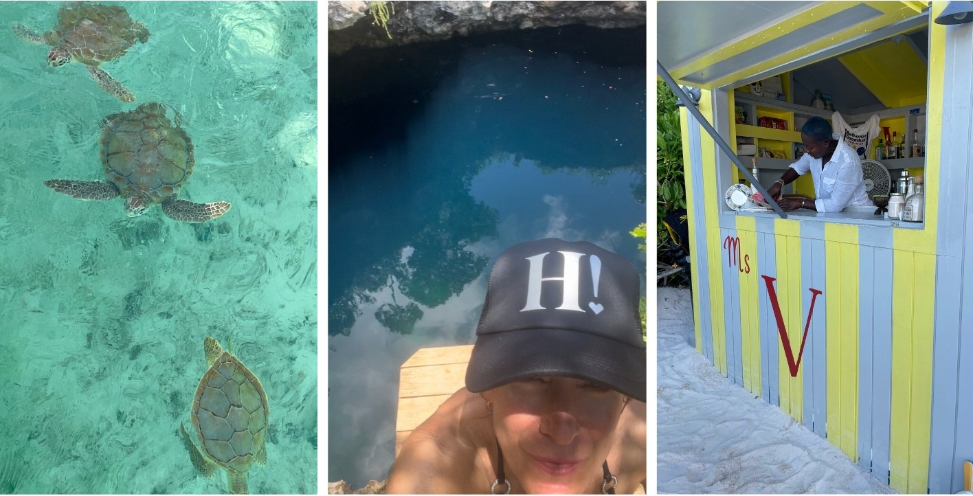 Sea turtles in turquoise water, woman in a black hat, and a yellow wooden bar on the beach