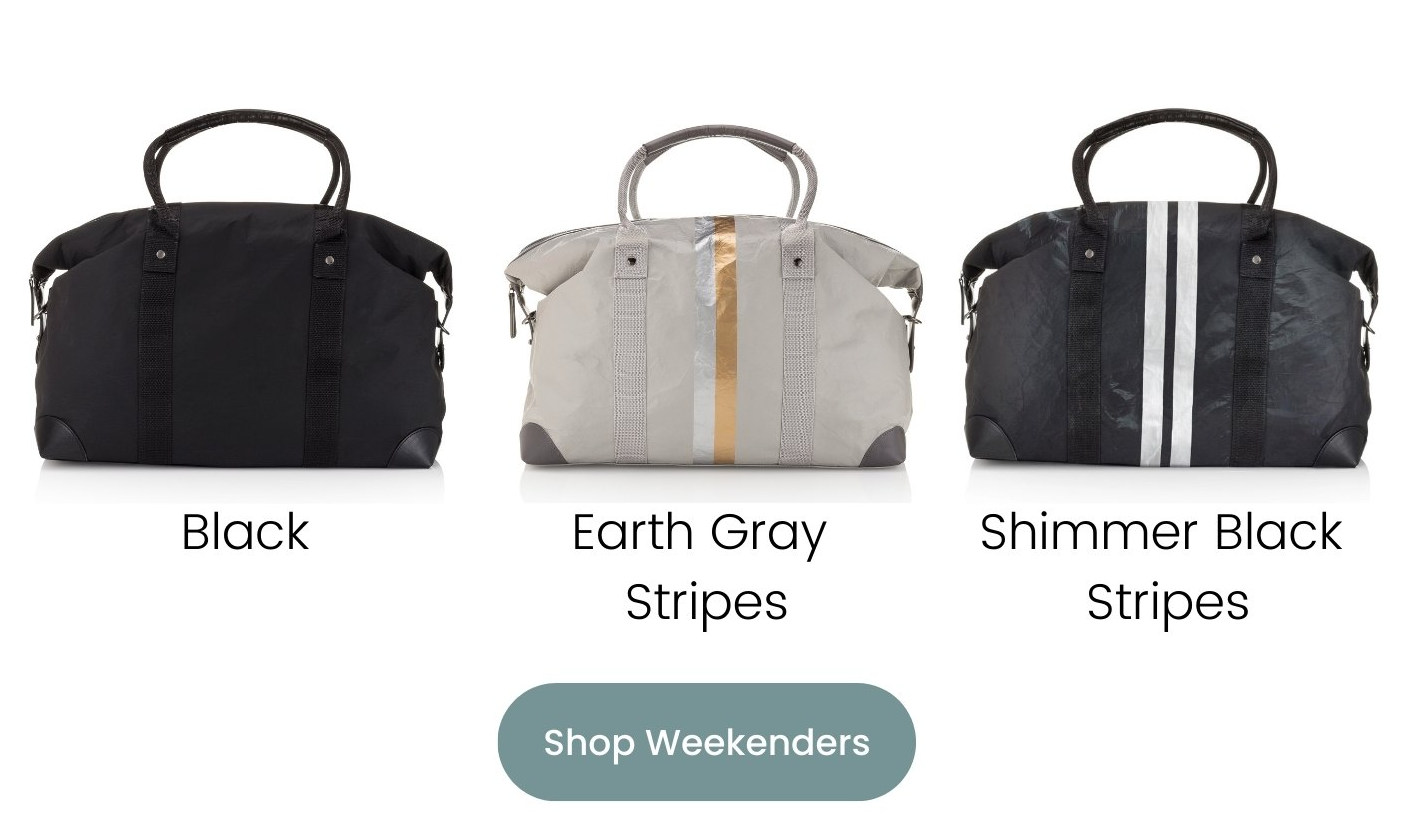 Three weekender duffle bags in black and gray with stripes