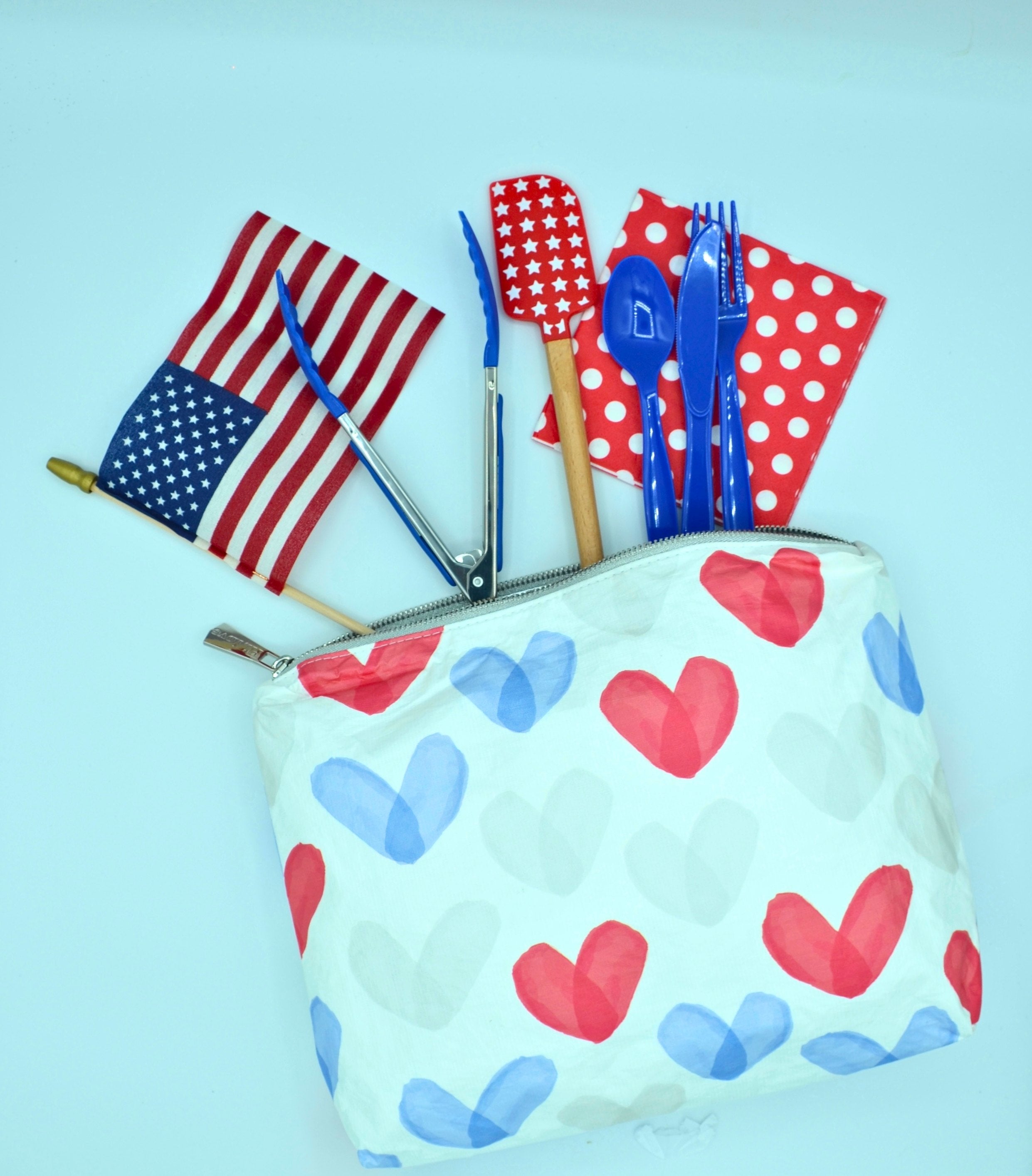 Red, White, and Blue hearts zipper pouch with utensils and napkins
