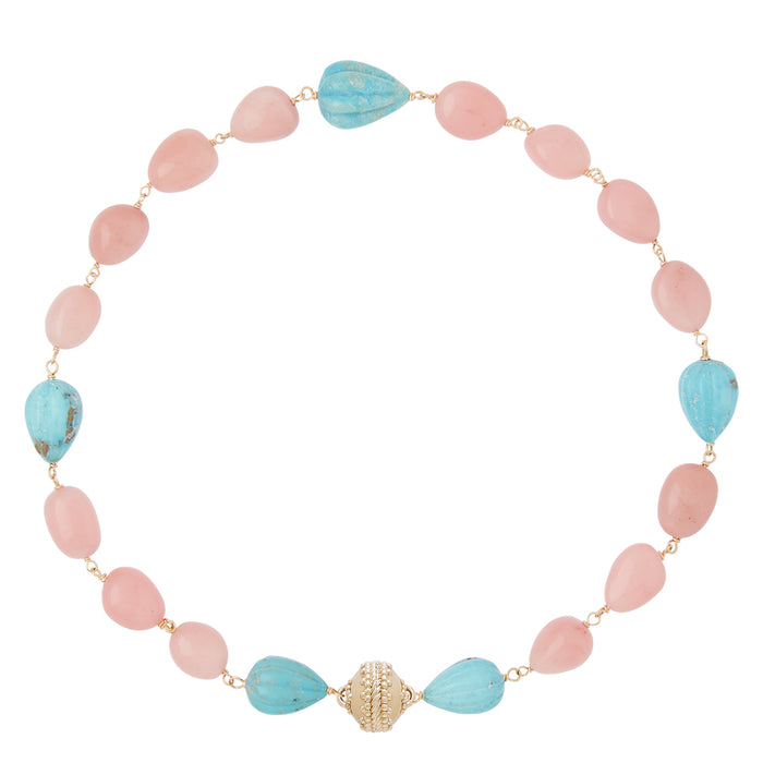 Caspian Guava Quartz and Carved Turquoise Necklace