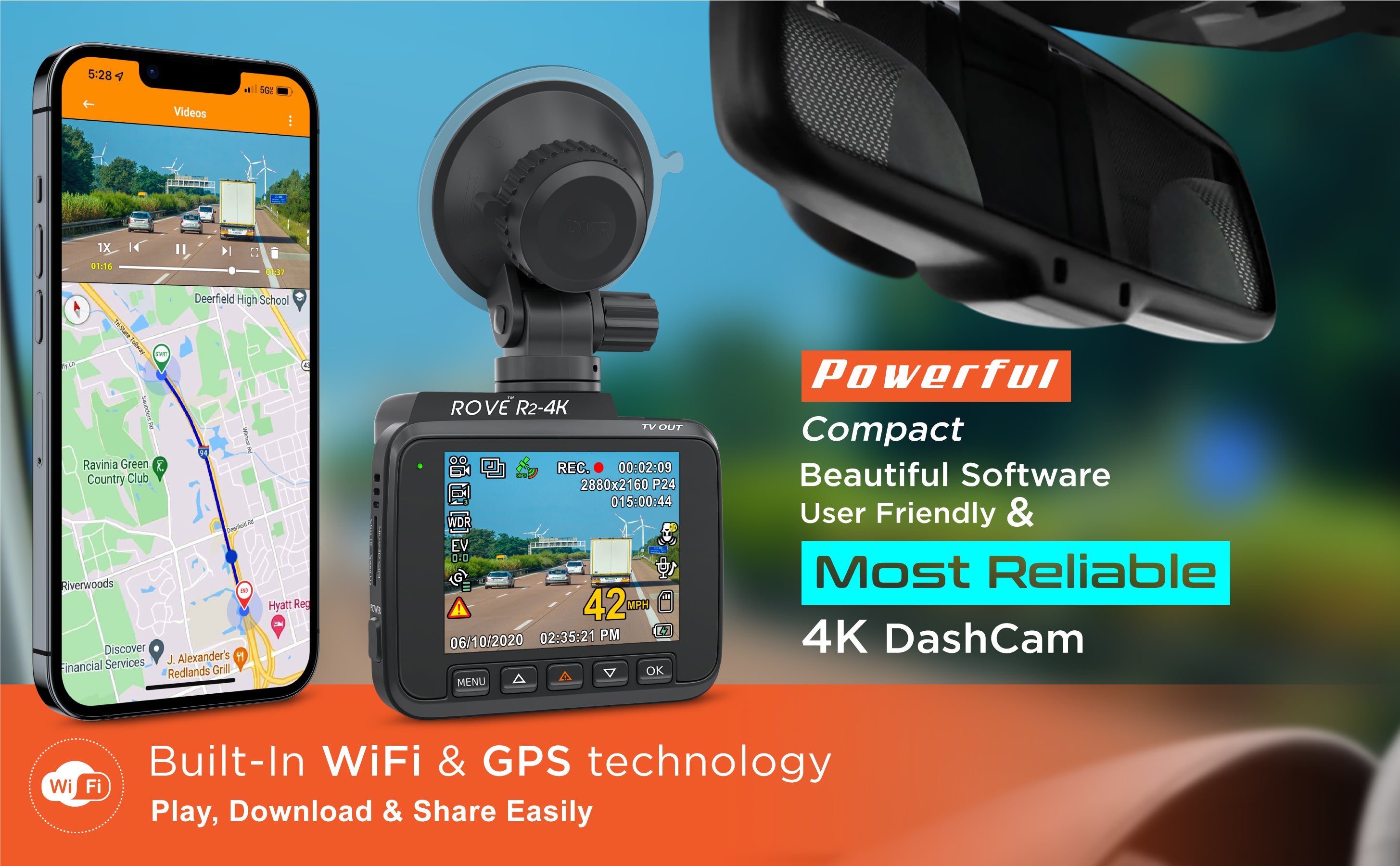  ROVE R2-4K PRO Dash Cam, Built-in GPS, 5G WiFi Dash Camera for  Cars, 2160P UHD 30fps Dashcam with APP, 2.4 IPS Screen, Night Vision, WDR,  150° Wide Angle, 24-Hr Parking Mode