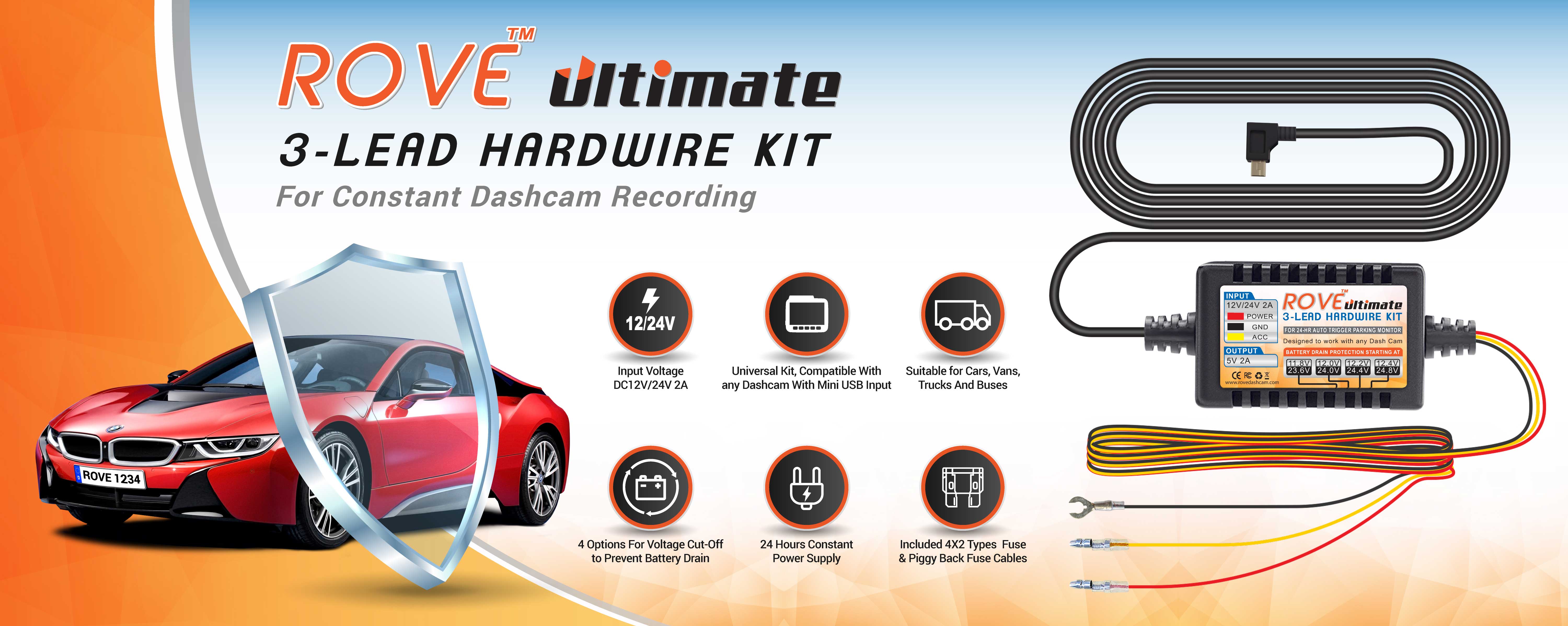 Universal Dash Cam Hardwire Kit USB C Hard Wire Cable Fuse 12-24V