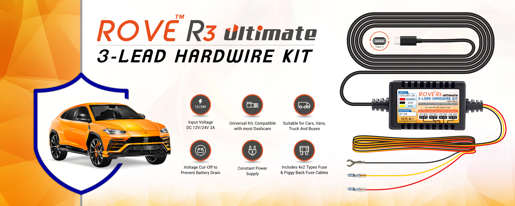 ROVE Ultimate 3-Lead USB Type-C Hardwire Kit for ROVE R3 And R2-4K Pro Dash  Cam – ROVE Dash Cam
