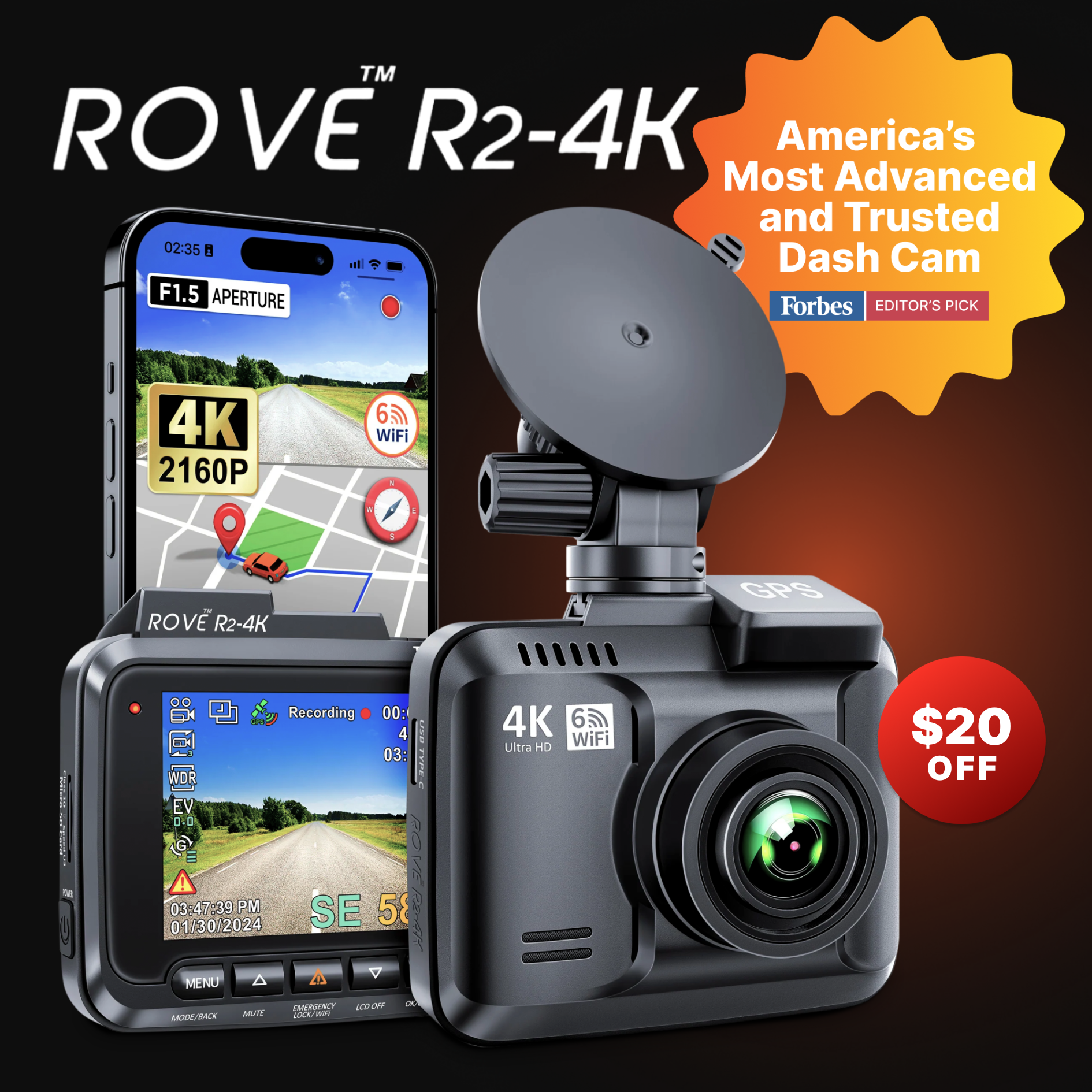 ROVE R2-4K Dash Cam 4K Ultra HD 2160P Car Dashboard Camera Built In Wi-Fi 6 & GPS - ROVE Dash Cam product image