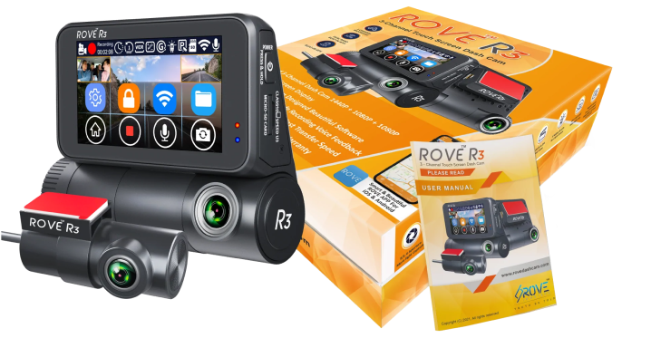  Rove R3 Dash Cam, 3” IPS Touch Screen, 3 Channel Dash Cam Front  and Rear with Cabin, Built-in GPS, 5.0 GHz WiFi, 2K 1440P+1080P+1080P,  24-HR Parking Monitor, Supercapacitor, Supports up to