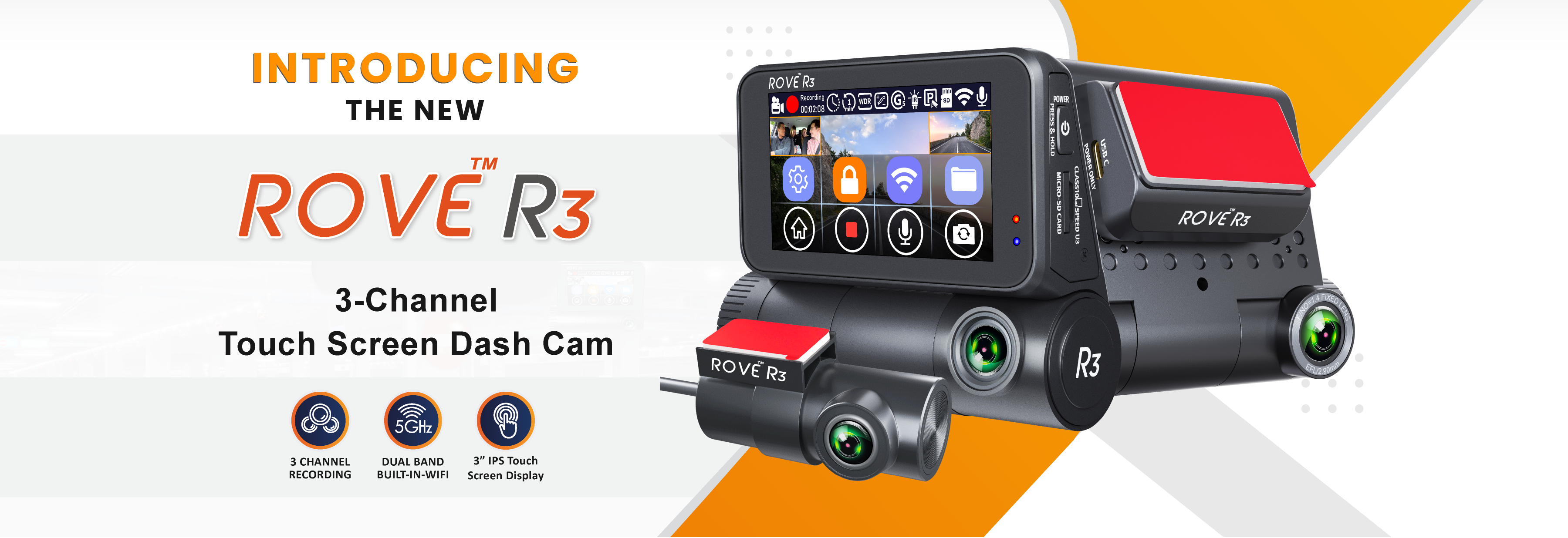 ROVE R3, 3 Channel Touch Screen Dash Cam with Built-in Dual-Band 5GHz WiFi,  Built-in GPS, 24 Hr Parking Monitor, Super Capacitor, WDR, G-Sensor, Night  Vision. – ROVE Dash Cam