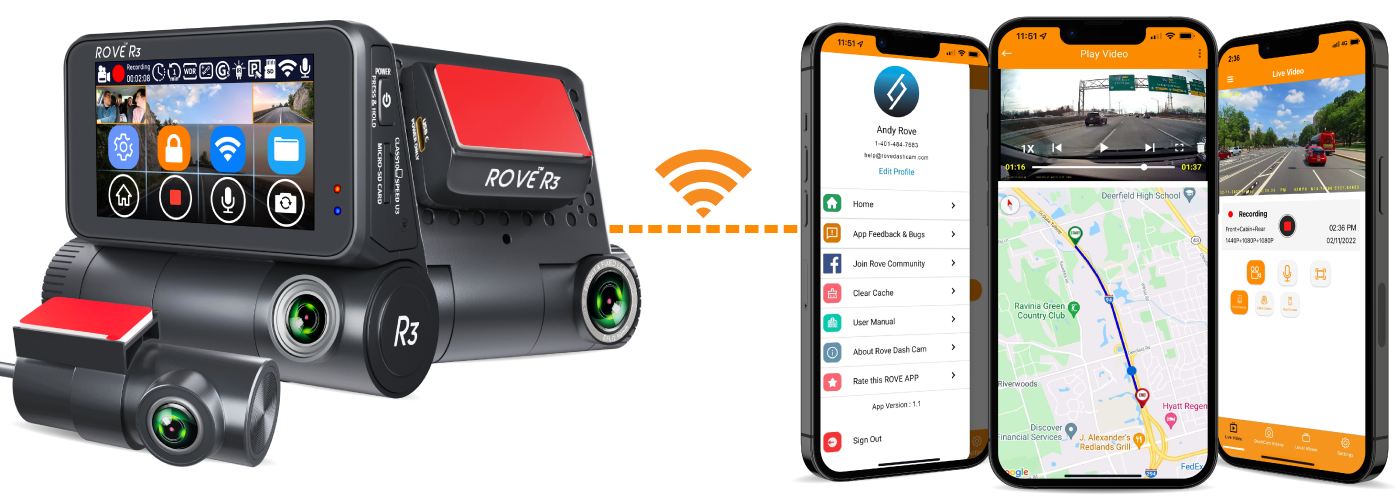 Rove R3 Dash Cam, 3” IPS Touch Screen, 3 Channel Dash Cam Front and Rear with Cabin, 5.0 GHz Wifi, Built-in GPS, 2K-1440P+1080P+1080P, 24-hr Parking