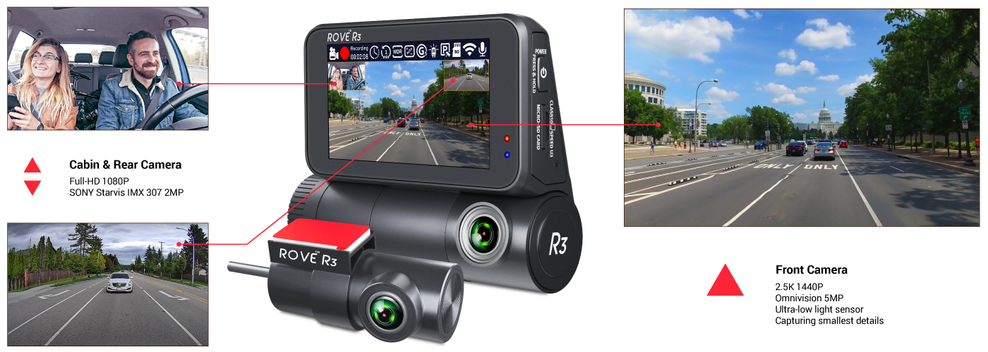 Rove R3 Dash Cam, 3” IPS Touch Screen, 3 Channel Dash Cam Front and Rear with Cabin, 5.0 GHz Wifi, Built-in GPS, 2K-1440P+1080P+1080P, 24-hr Parking