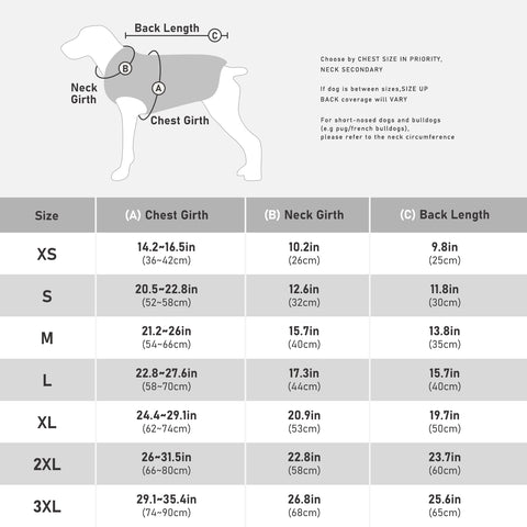 PAWZ Road Reversible Waterproof Windproof  Dog Jacket size guide