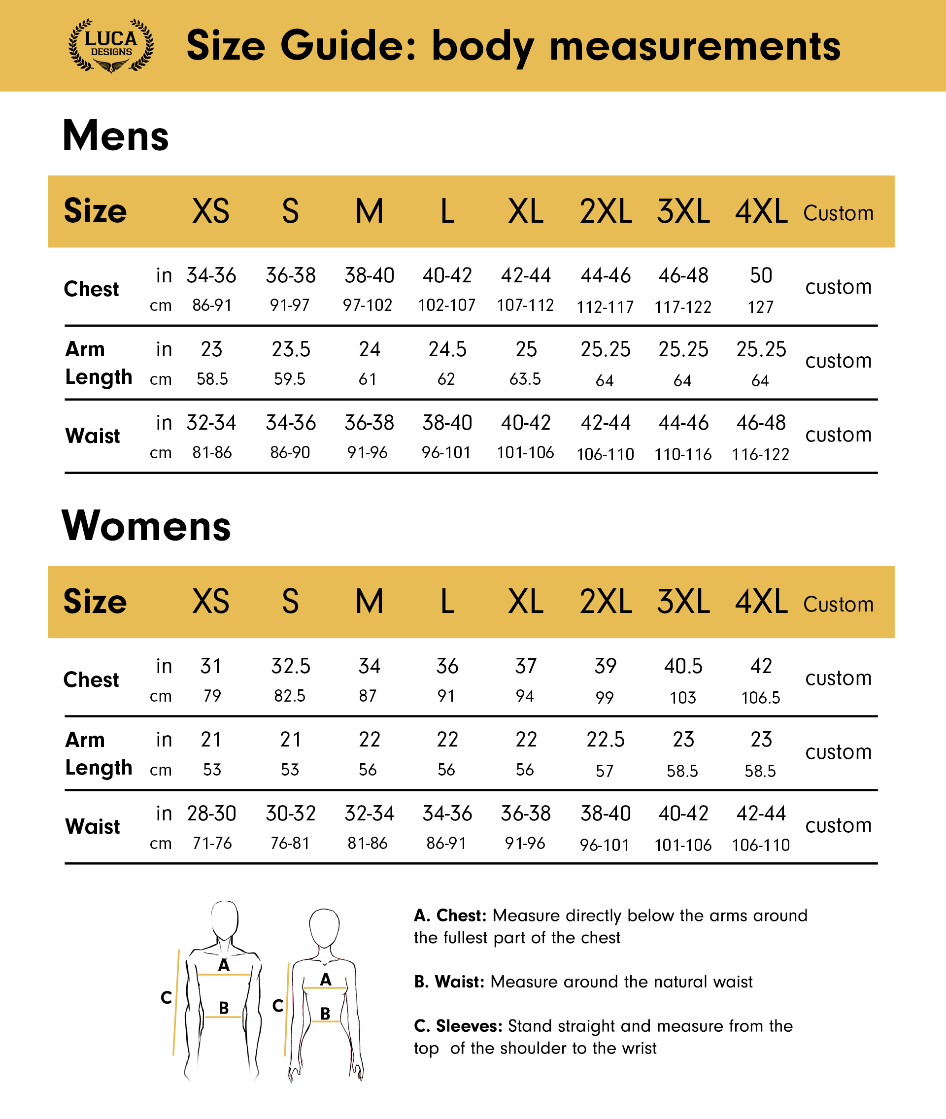 Standard Size Chart - Luca Designs