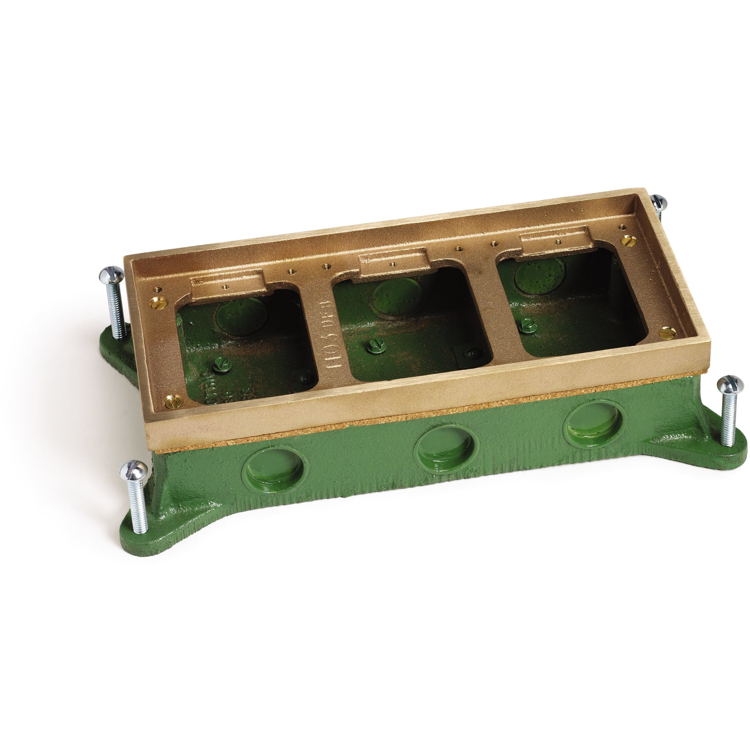 Three Gang Shallow Concrete Floor Box, Semi-Adjustable - Brass