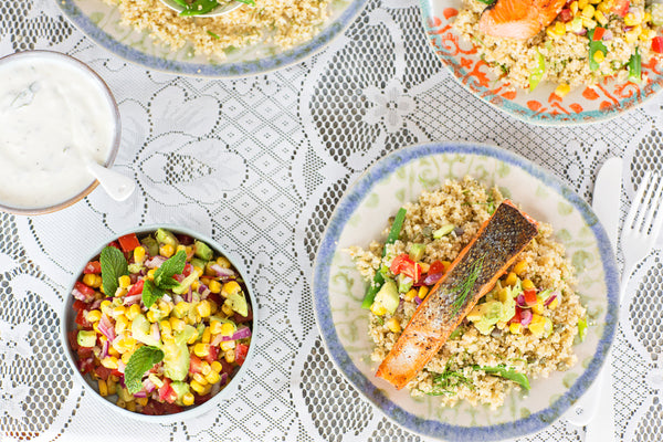 Grilled Salmon and Quinoa Salad with Avocado Salsa