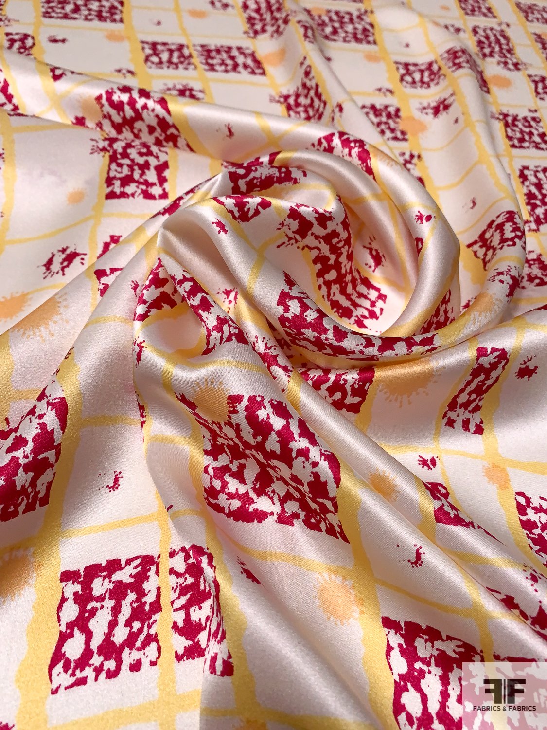 Abstract Linear and Geometric Printed Silk Charmeuse - Deep Magenta / Butter Yellow / Off-White