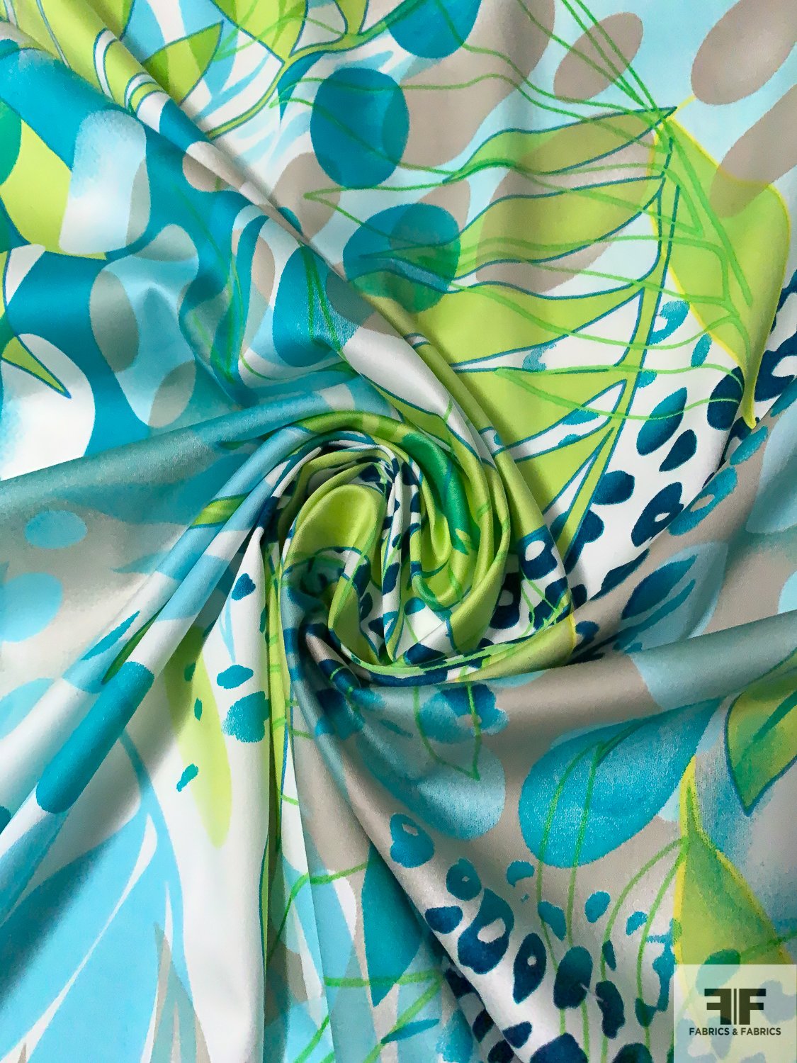 Tropical Animal Pattern Stretch Silk and Cotton Sateen - Aqua/Turquoise ...