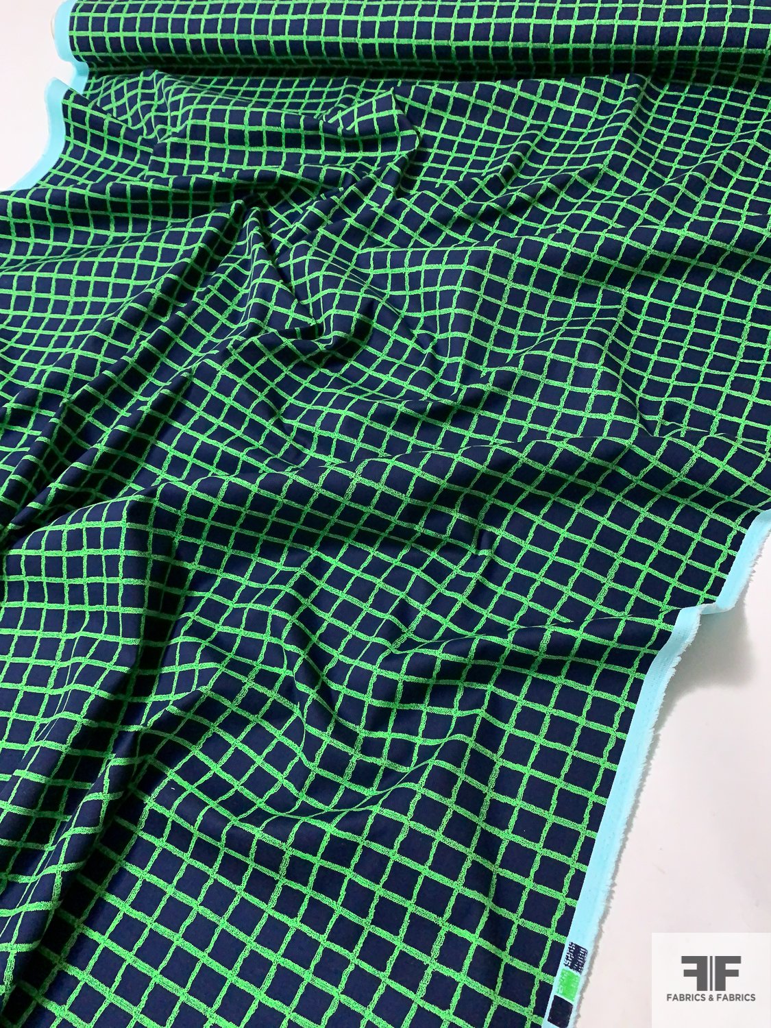 Windowpane Check Super Stretchy Cotton Twill - Navy/Green | FABRICS ...