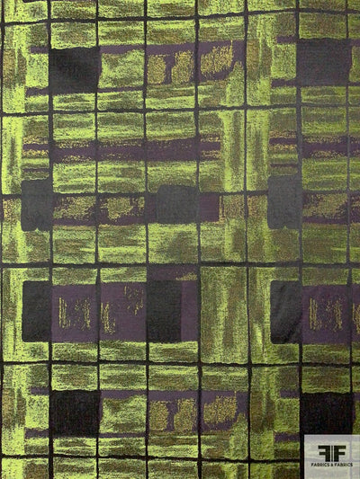 Geometric Grid Pattern Brocade - Lime Green / Black / Mustard