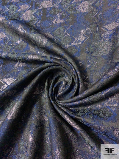 Broken Arrow Pattern Metallic Brocade - Navy / Black / Tinted Grey